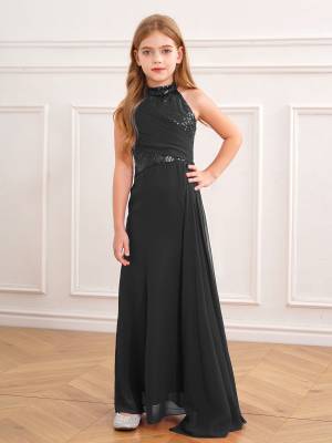 Kids Girls Halter Neck Sleeveless Sequins Maxi Dress for Wedding