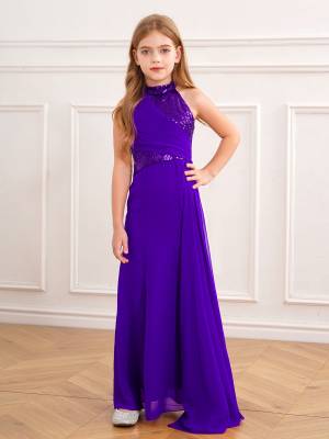 Kids Girls Halter Neck Sleeveless Sequins Maxi Dress for Wedding front image