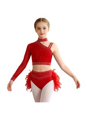 Girls Sparkly Rhinestone 2Pcs Jazz Dance Outfit Crop Top and Feather Skirt front image