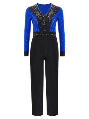 Kids Boys V Neck Long Sleeve Color Block Jumpsuit for Latin Dance