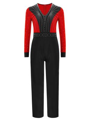 Kids Boys V Neck Long Sleeve Color Block Jumpsuit for Latin Dance front image