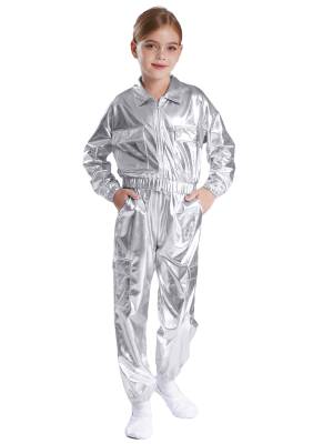 Kids 2pcs Metallic Long Sleeve Jacket and Shiny Pants Set for Jazz Dance front image
