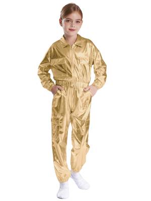 Kids 2pcs Metallic Long Sleeve Jacket and Shiny Pants Set for Jazz Dance