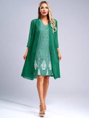 Women 2pcs V Neck Tank Dress with Long Sleeve Tulle Cover Up Set
