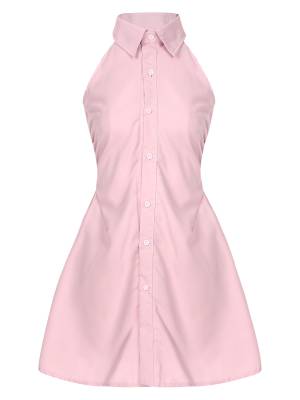 Women Turn-down Collar Halter Neck Sleeveless A-line Dress front image