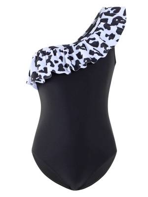 Girl One Shoulder Sleeveless Ruffle Hawaiian One Piece Swimsuit front image
