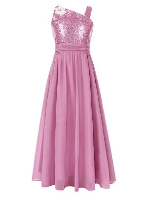 Girls Sleeveless Sequins Butterfly Bowknot A Line Junior Bridesmaid Dress