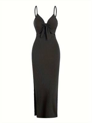 Women V Neck Backless Side Slit Maxi Bodycon Dress for Beach Vacation