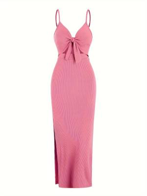 Women V Neck Backless Side Slit Maxi Bodycon Dress for Beach Vacation front image