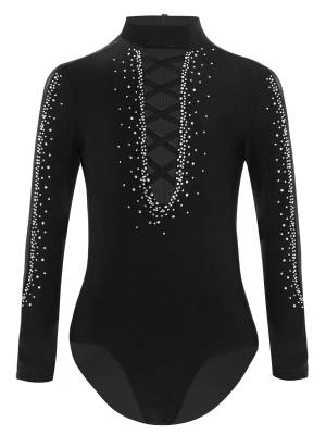 Kids Boys Glittery Rhinestones Long Sleeve Crisscross Front Gymnastics Leotard front image