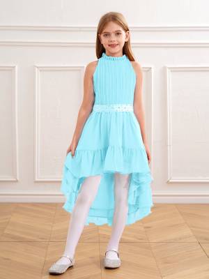 Kids Girls Sleeveless Beaded Belt Pleated Bodice Ruffled Hi-lo Party Dress