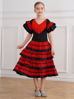 Kids Girls Short Sleeve Tassel V Neck Tiered Ruffles Flamenco Dress front image