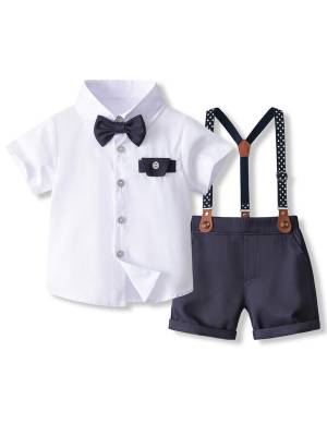 Toddler Boys Short Sleeve Shirt with Bowtie and Suspenders Pants Formal Suit