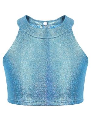 Kids Girls Metallic Sleeveless Halter Neck Jazz Dance Crop Top front image