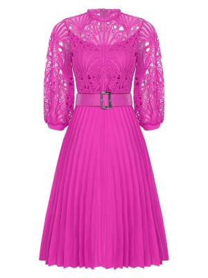 Women 3/4 Sleeve Lace Bodice High Waist A-line Party Dress with Belt