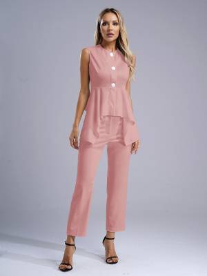 Women 2pcs Sleeveless Asymmetrical Peplum Shirt and Pants Office Work Suit