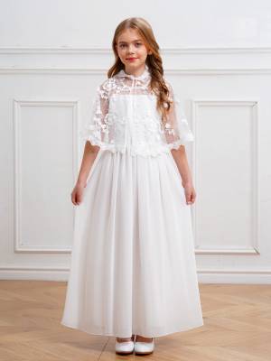Kids Girls Sleeveless Tulle A-line Dress and Floral Lace Hooded Cape for Party front image