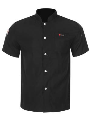 Men Women Stand Collar Short Sleeve Button Chef Shirt