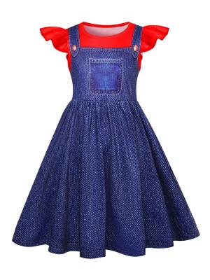 Girls Anime Character Costume Flutter Sleeve A-line 2 in 1 Denim Dress front image