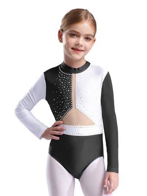 Kids Girls Long Sleeve Colorblock Rhinestones Gymnastics Leotard front image