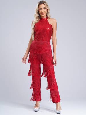 Women Sleeveless Backless Sequins Tiered Tassel Jumpsuit for Latin Dance