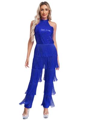 Women Sleeveless Backless Sequins Tiered Tassel Jumpsuit for Latin Dance front image