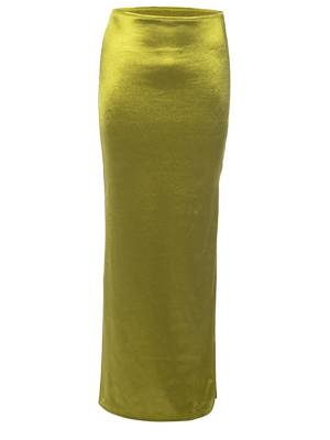 Women Satin Midi Length High Waist Side Slit Pencil Skirt