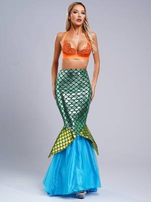 Women Scallop-shaped Cup Lace-up Bra and Shiny Fishtail Maxi Skirt Mermaid Set front image