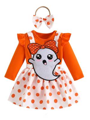 Baby Girls Halloween Long Sleeve Ghost Print Romper and Dress Set with Headband front image