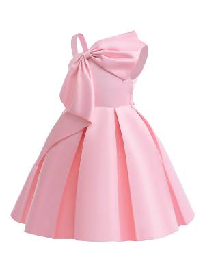 Kids Girls Asymmetrical Shoulder Big Bowknot Birthday Ball Gown Dress