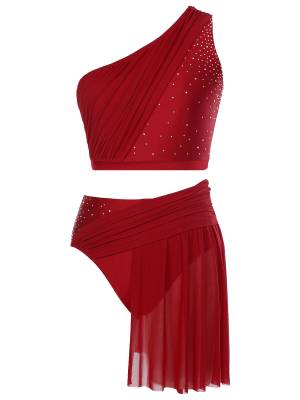 Women 2pcs One Shoulder Crop Top and Skirted Briefs Lyrical Dance Set front image