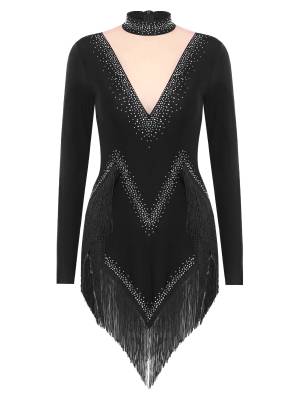 Women Long Sleeve Tassel Rhinestones Asymmetrcial Latin Dance Dress front image