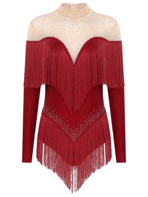 Women Long Sleeve Rhinestones Tassels Mesh Patchwork Latin Dance Leotard front image