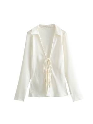 Women Long Sleeve Lapel Solid Color Silk Satin Shirt
