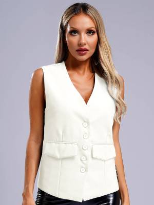 Women V Neck Button-up Solid Color Office Work Vest front image