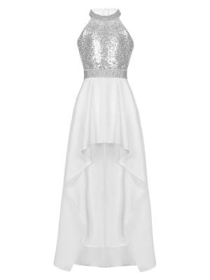 Kids Girls Sequin Halter Sleeveless High Low Party Dress