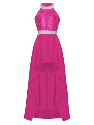 Kids Girls Sequin Halter Sleeveless High Low Party Dress front image