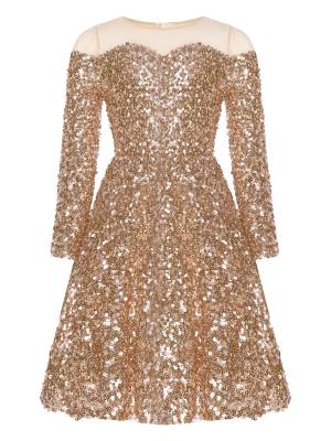 Kids Girls Long Sleeve Sequin Sweetheart Mesh Shoulder A-line Pageant Dress front image
