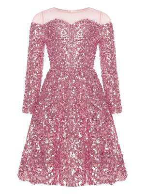 Kids Girls Long Sleeve Sequin Sweetheart Mesh Shoulder A-line Pageant Dress