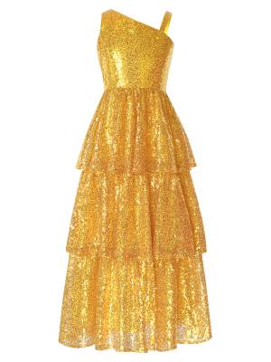Kids Girls One Shoulder Sleeveless Sequined Tiered Ruffle A-line Birthday Dress front image