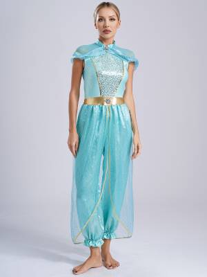 Women Cap Sleeve Sequins Arabian Princess Costume Belly Dance Jumpsuit front image