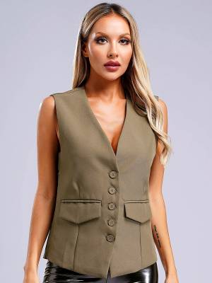 Women V Neck Button-up Solid Color Office Work Vest front image