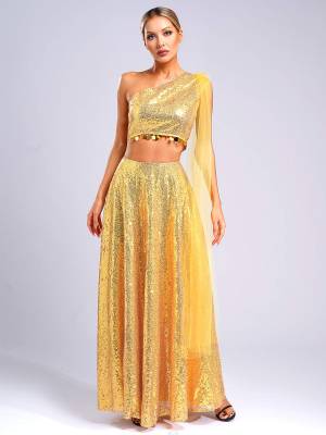 Women Sequin Sleeveless Crop Top and Maxi Skirt India Lehenga Party Gown front image