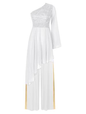Women 2pcs One Shoulder Asymmetrical Dress and Wide-Leg Pants Dance Set front image