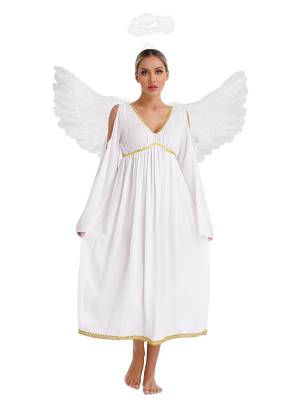 Women Angel Costume V Neck Cold Shoulder Chiffon Dress with Feather Wings front image