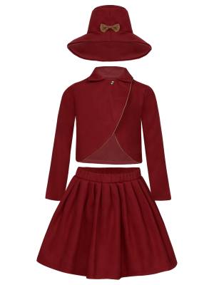Kids Girls 3pcs Long Sleeve Lapel Coat and Pleated Skirt with Hat Party Set front image