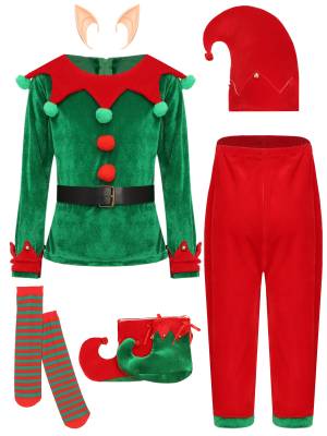 Boys 7pcs Top with Pants Stockings and Shoes Covers Christmas Elf Costume Set front image