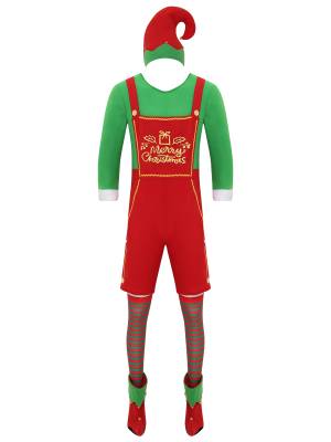 Men Long Sleeve Rompers with Hat Shoes and Stockings Christmas Elf Costume Set front image
