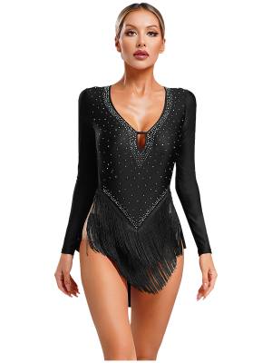 Women V-Neck Long Sleeve Backless Tassels Latin Dance Leotard front image