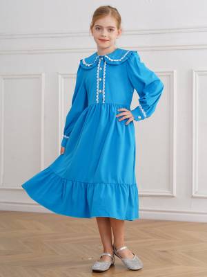 Kids Girls Long Sleeve Lapel Ruffle 18s Victorian Medeival Costume Dress front image
